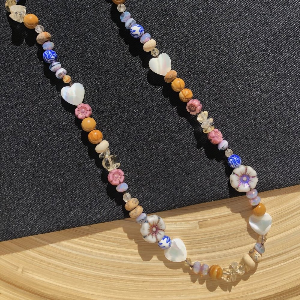 Beaded Necklace ‘Blueberry Muffin’ 16" Choker Hand-Knotted 14k Gold Plated